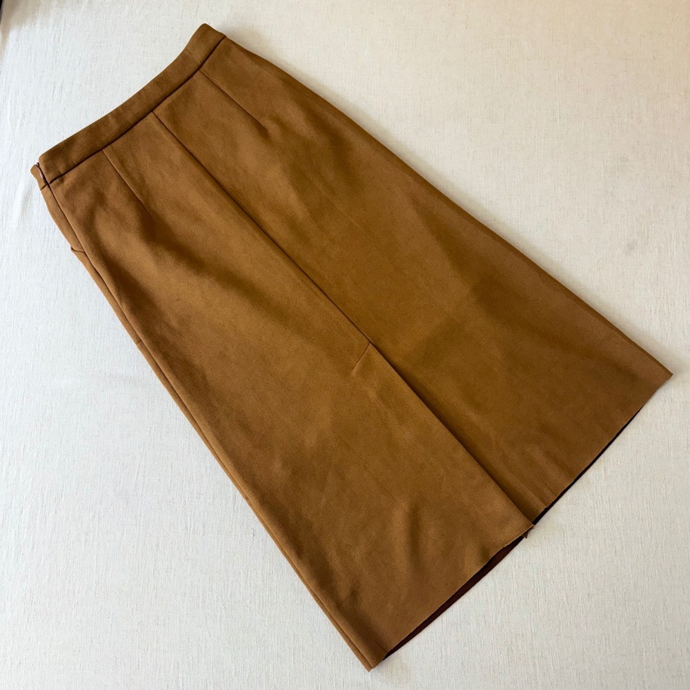 In February Faux Suede Midi Skirt Camel Brown Paneled Pencil Skirt Small - Picture 3 of 8